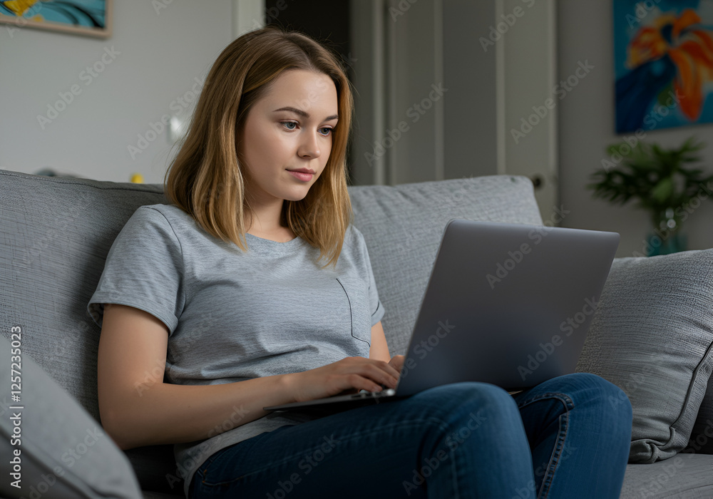 Concentrated millennial girl sit on couch working on laptop browsing internet at home during lazy weekend, focused young woman freelancer busy using computer surfing wireless web shopping online Concentrated millennial girl sit on couch working on laptop browsing internet at home during lazy weekend, focused young woman freelancer busy using computer surfing wireless web shopping online