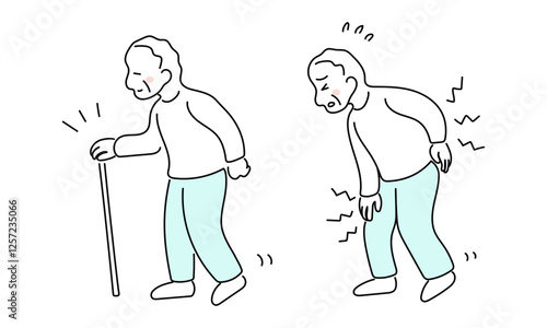 An old man who walks with a cane and an old man who has difficulty walking