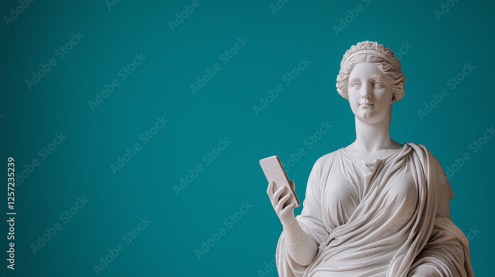 Obraz premium Statue of an ancient Greek goddess holds phone