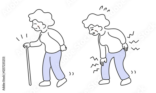 An old woman who walks with a cane and an old woman who has difficulty walking