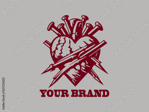 Logo background damaged heart with nail vector design, vector illustration of a nail piercing a heart logo design and the heart is red