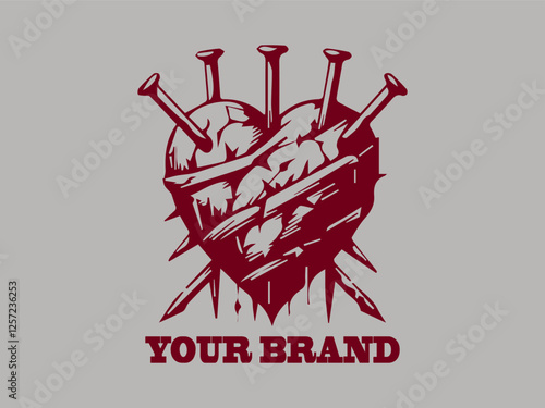 Logo background damaged heart with nail vector design, vector illustration of a nail piercing a heart logo design and the heart is red
