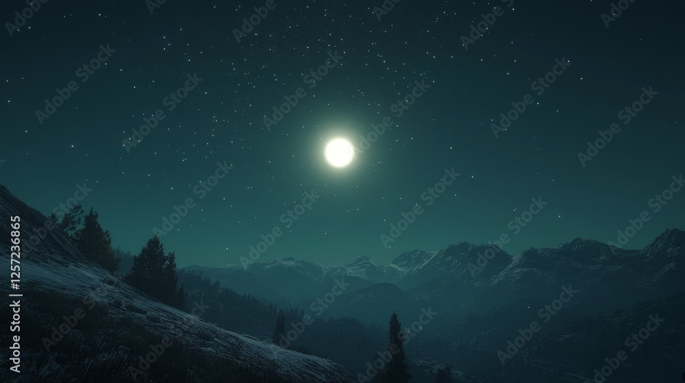 Fototapeta premium Bright Moon Over Dark Mountains Under Clear Morning Sky