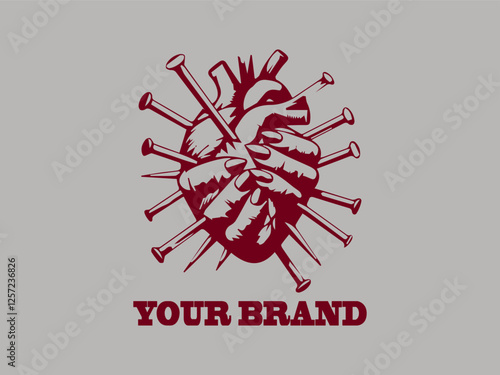 Logo background damaged heart with nail vector design, vector illustration of a nail piercing a heart logo design and the heart is red