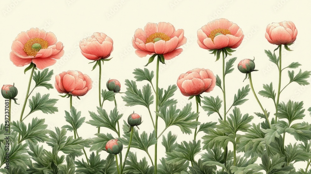 Fototapeta premium Minimalist botanical artwork of blooming flowers blossoms and gentle wildflowers, softly sketched against a pale beige background