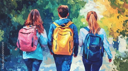 school friends a boy and two girls with school backpacks on their backs walk after class