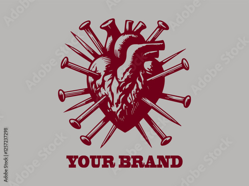 Logo background damaged heart with nail vector design, vector illustration of a nail piercing a heart logo design and the heart is red