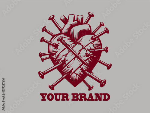 Logo background damaged heart with nail vector design, vector illustration of a nail piercing a heart logo design and the heart is red