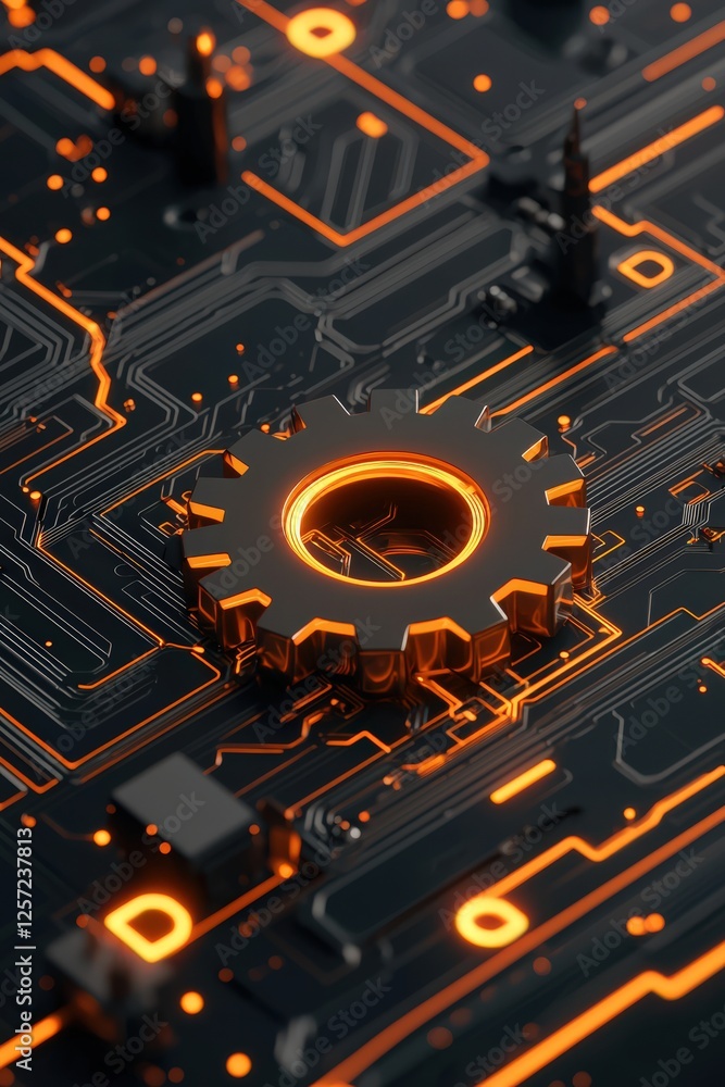 Fototapeta premium Illustration of a gear icon merging with a circuit board pattern
