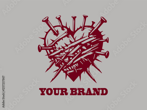 Logo background damaged heart with nail vector design, vector illustration of a nail piercing a heart logo design and the heart is red