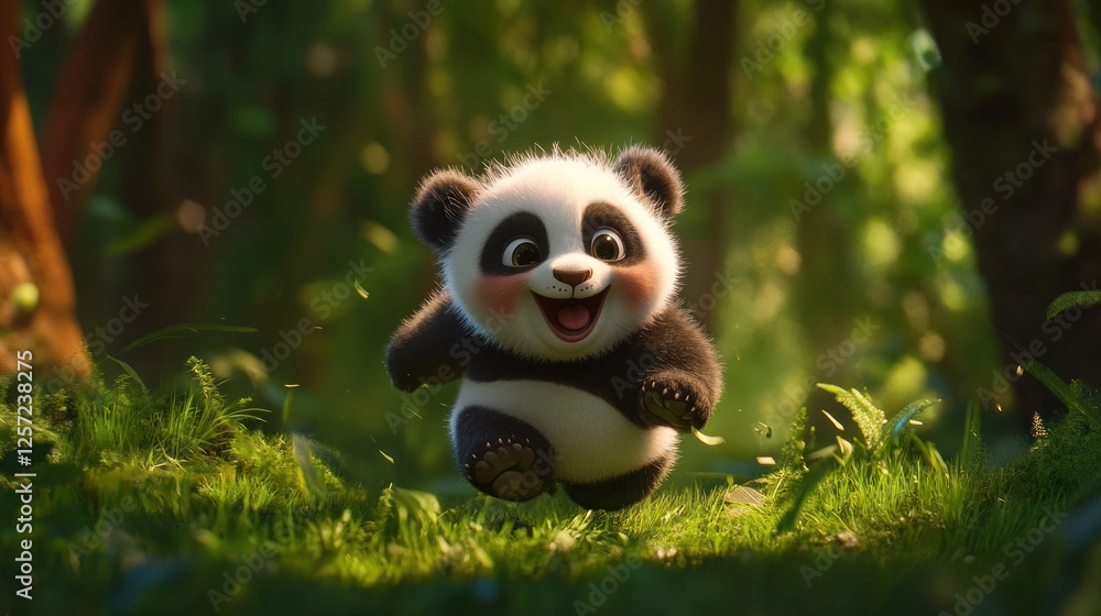 Animated baby panda cheerfully runs through a lush green forest Animated baby panda cheerfully runs through a lush green forest