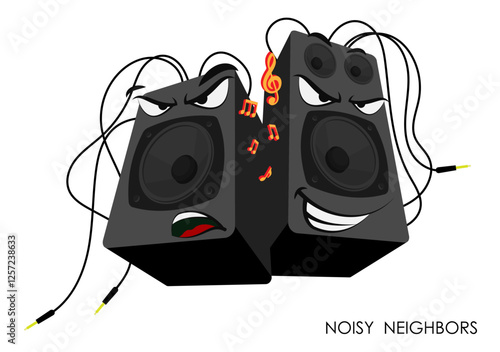 Couple of restless, noisy music speakers with tousled hairdos made of speaker wires. Musical speakers on loud alternative performance. vector characters with funny facial expressions