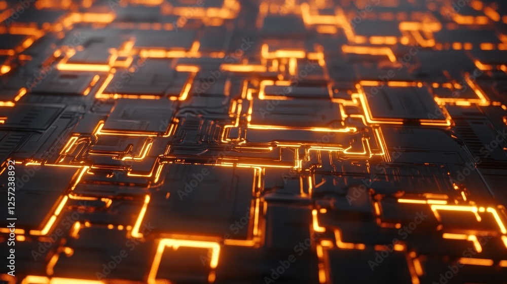 Complex futuristic surface illuminated with glowing orange lines and details Complex futuristic surface illuminated with glowing orange lines and details