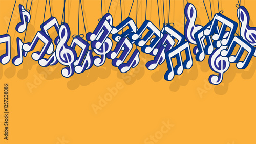 Musical notes suspended from ropes and swaying in wind. Advertising vector banner for presentation of concert or children vocal evening isolated on orange background