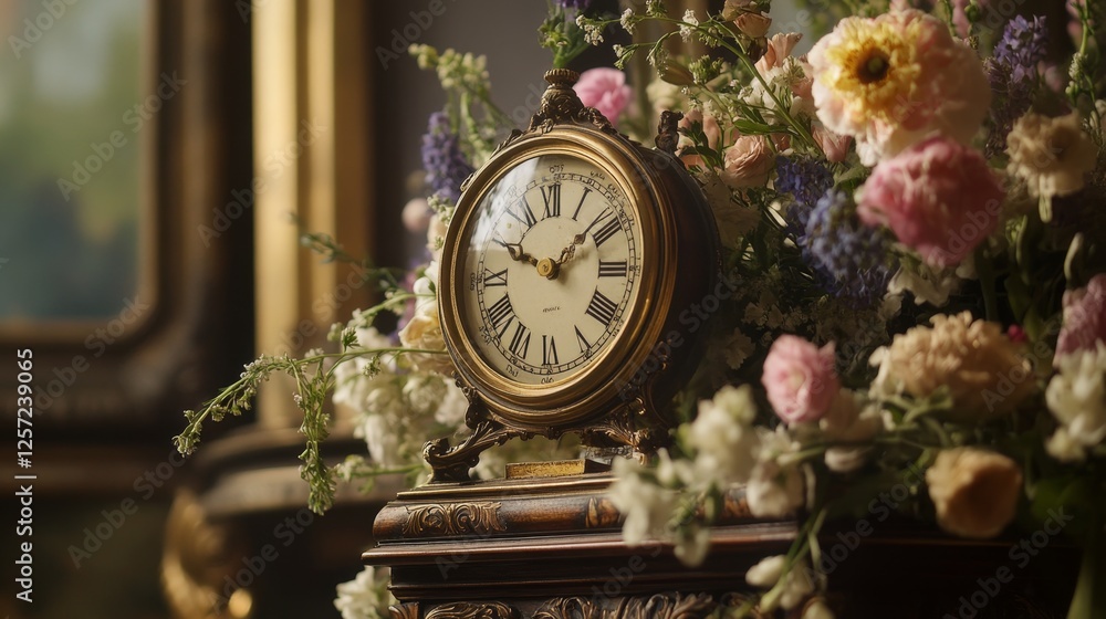 Classic Spring-Themed Clock on Resting Table Surrounded by Flowers Classic Spring-Themed Clock on Resting Table Surrounded by Flowers