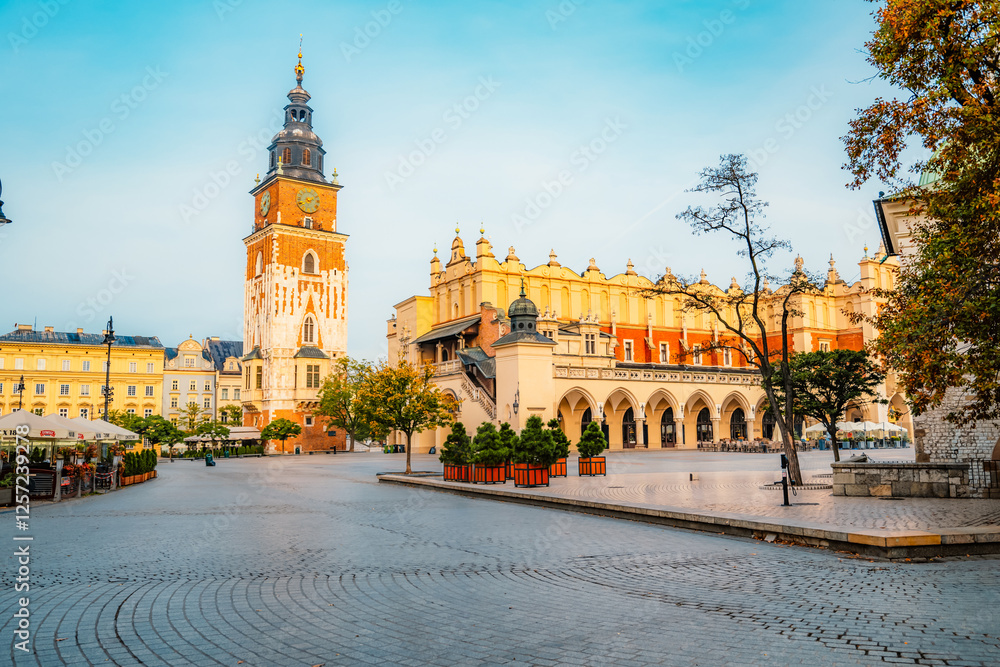 Fototapeta premium Main market Square with St. Mary's Basilica, city view in Krakow Poland. Autumn landscape.