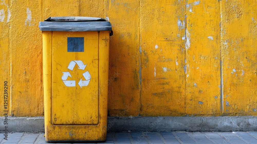 Yellow recycle bin against weathered wall Yellow recycle bin against weathered wall
