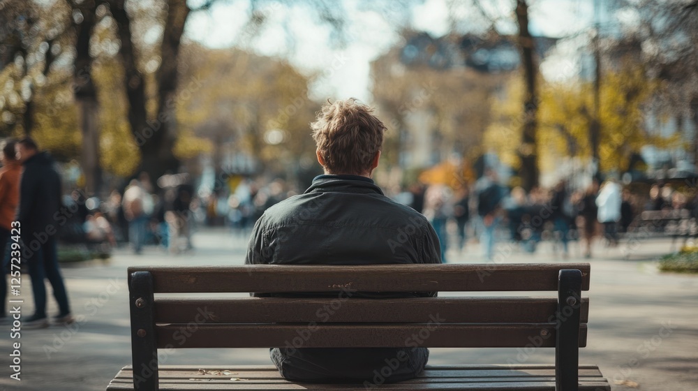 Man sits alone on a bench observing passing crowds Man sits alone on a bench observing passing crowds