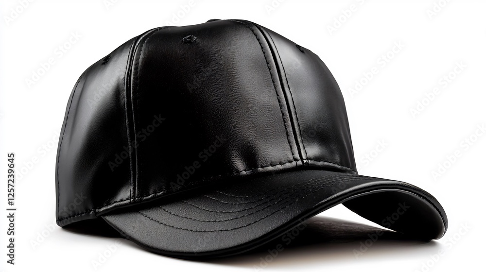 Glossy Black Leather Baseball Cap Isolated On White Background Studio Shot Glossy Black Leather Baseball Cap Isolated On White Background Studio Shot