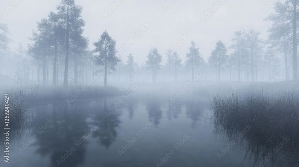 Eerie trees reflected in misty swamp waterscape Eerie trees reflected in misty swamp waterscape