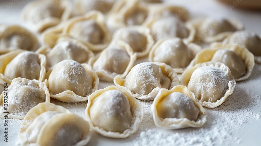 Obraz premium Uncooked homemade pelmeni on white table. Process of making pelmeni, ravioli or dumplings with meat