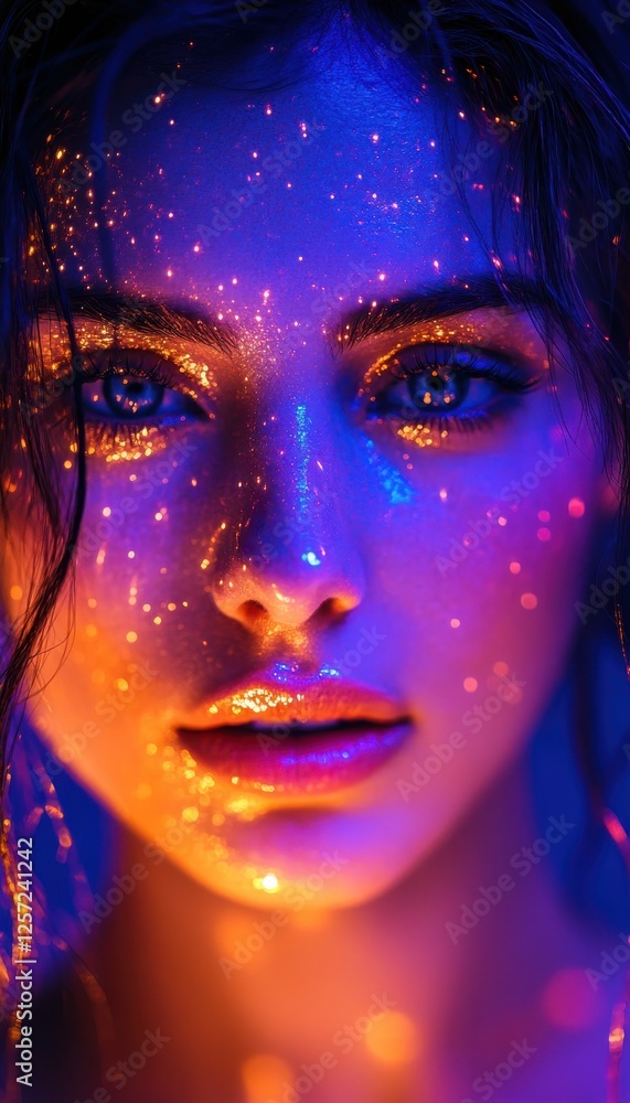 Glowing face art: a woman's portrait illuminated with vibrant, sparkling makeup. The neon lights enhance the cosmic effect. Glowing face art: a woman's portrait illuminated with vibrant, sparkling makeup. The neon lights enhance the cosmic effect.