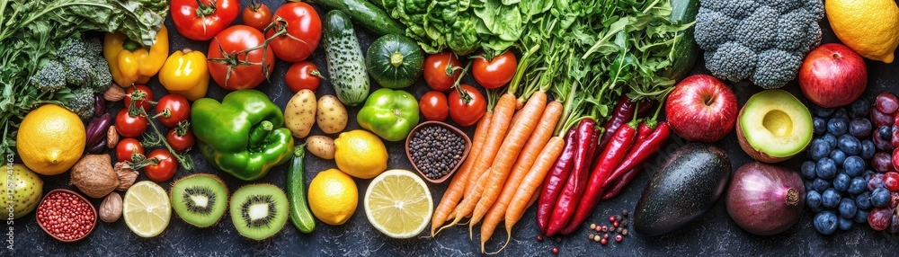 Colorful fresh produce flatlay; vitamins, healthy eating, cooking ingredients Colorful fresh produce flatlay; vitamins, healthy eating, cooking ingredients