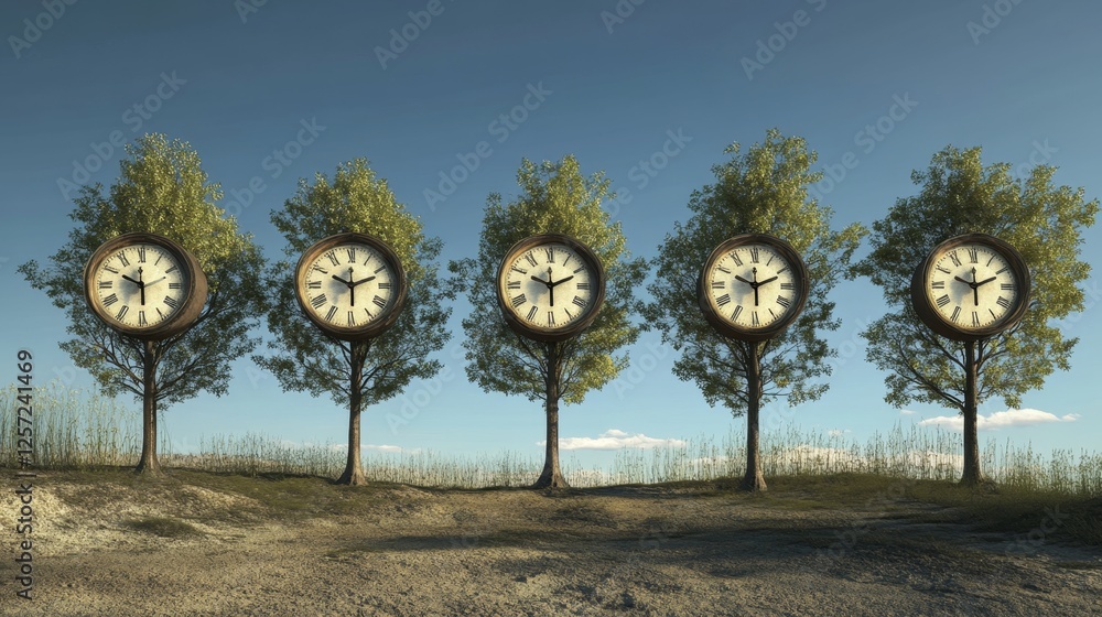 Obraz premium Collection of Clocks Set to the Same Time in a Unique Landscape