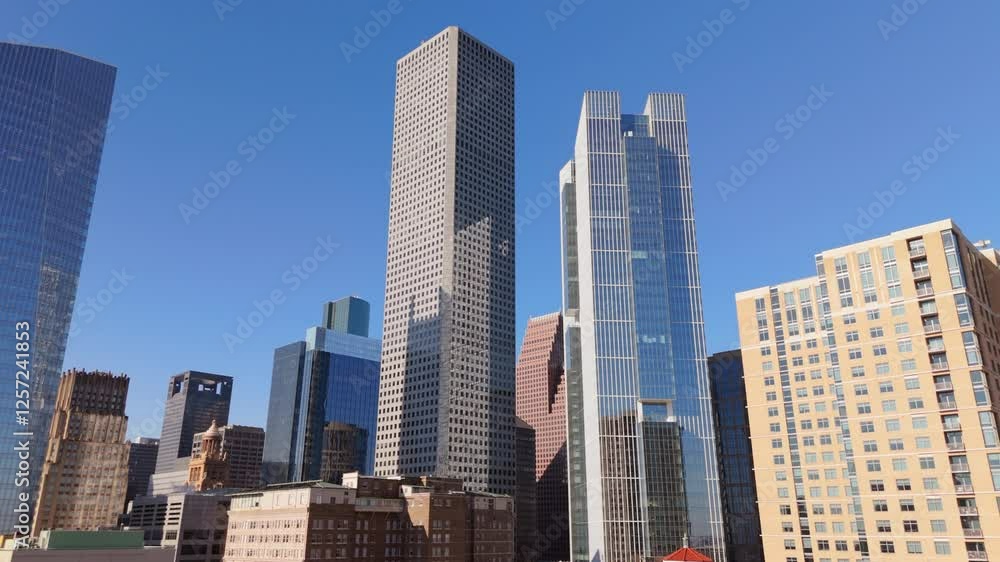 Stunning aerial view that beautifully showcases the modern architecture of Downtown Houston, Texas, all set against the backdrop of a clear, bright blue sky, creating an inspiring scene Stunning aerial view that beautifully showcases the modern architecture of Downtown Houston, Texas, all set against the backdrop of a clear, bright blue sky, creating an inspiring scene