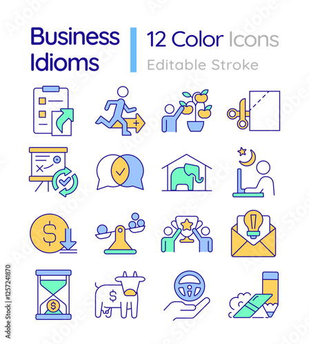 Business idioms RGB color icons set. Team work organization, achievement. Problem solving, economics. Isolated vector illustrations. Simple filled line drawings collection. Editable stroke