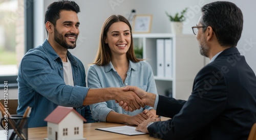 Couple handshake mortgage officer worker, accept bank loan terms and rates feel satisfied. Make financial deal, take credit, buying insurance cover, receive professional consult, sign contract concept