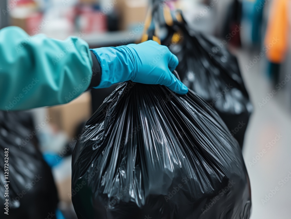 Obraz premium Worker holding garbage bag in industrial environment background.