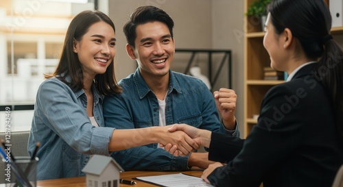 Couple handshake mortgage officer worker, accept bank loan terms and rates feel satisfied. Make financial deal, take credit, buying insurance cover, receive professional consult, sign contract concept