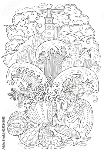 Wallpaper Mural Line art vector illustration of seascape, light house and waves. Zentangle style art with boho patterns. Hand drawn sketch for antistress, coloring page for children and adults, decoration, cards.  Torontodigital.ca