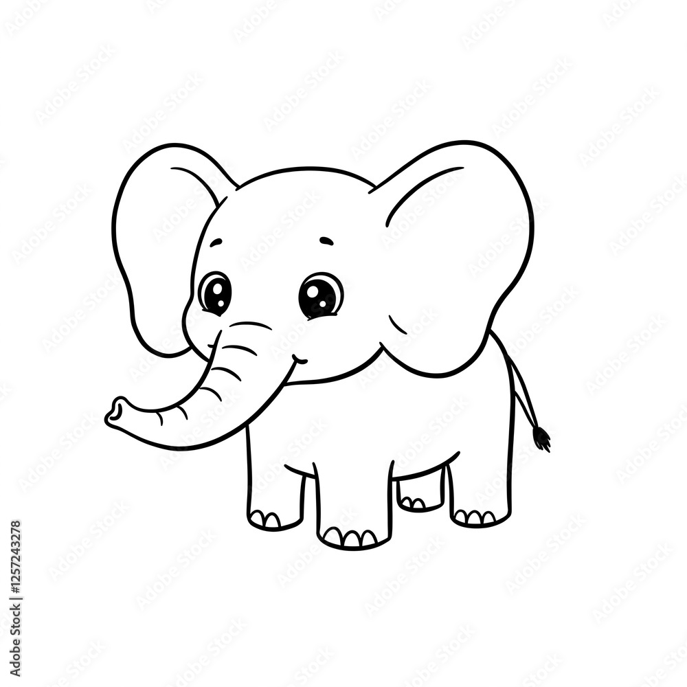 A cute elephant drawn with black lines. Black and white illustration. A cute elephant drawn with black lines. Black and white illustration.