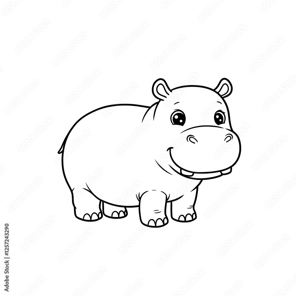 A cute hippopotamus drawn with black lines. Black and white illustration. A cute hippopotamus drawn with black lines. Black and white illustration.