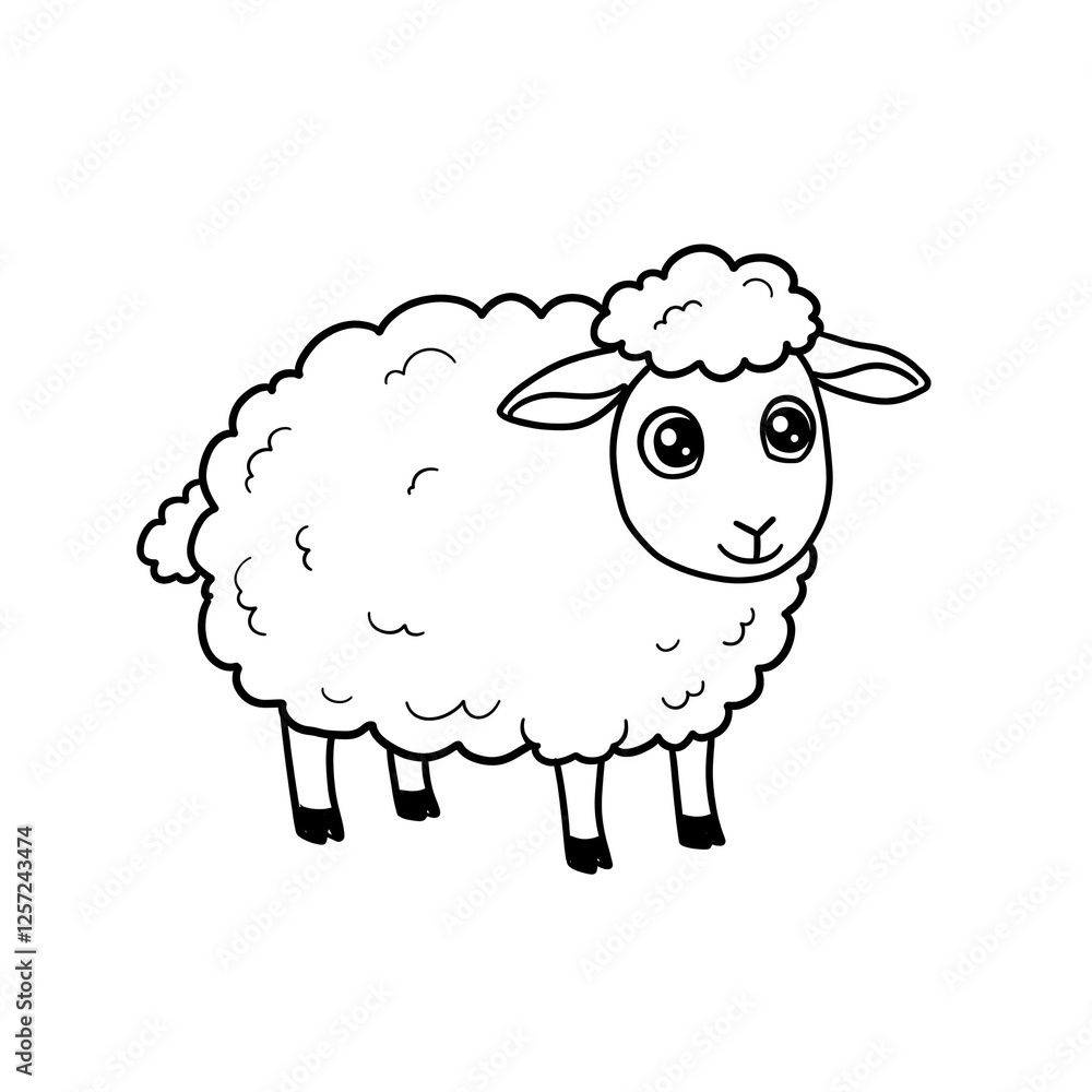 A cute sheep drawn with black lines. Black and white illustration. A cute sheep drawn with black lines. Black and white illustration.