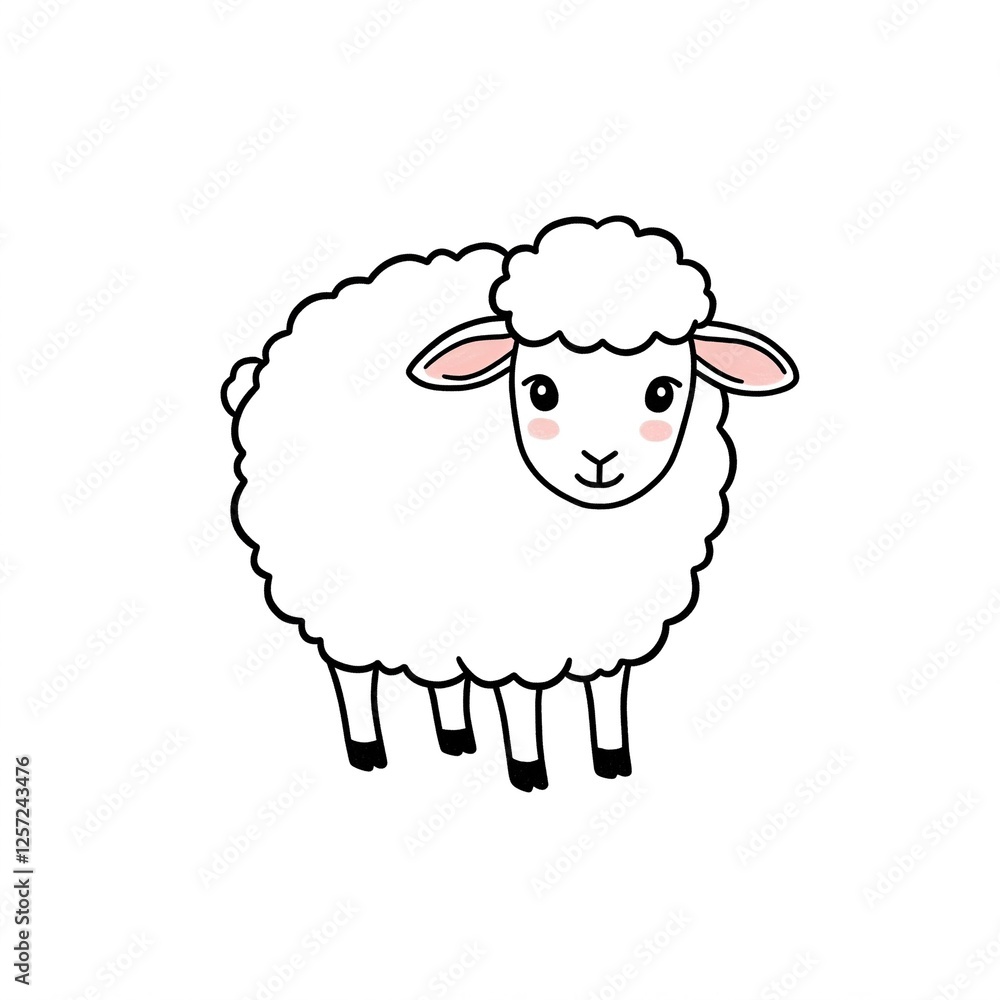 A cute sheep drawn with black lines. Black and white illustration. A cute sheep drawn with black lines. Black and white illustration.