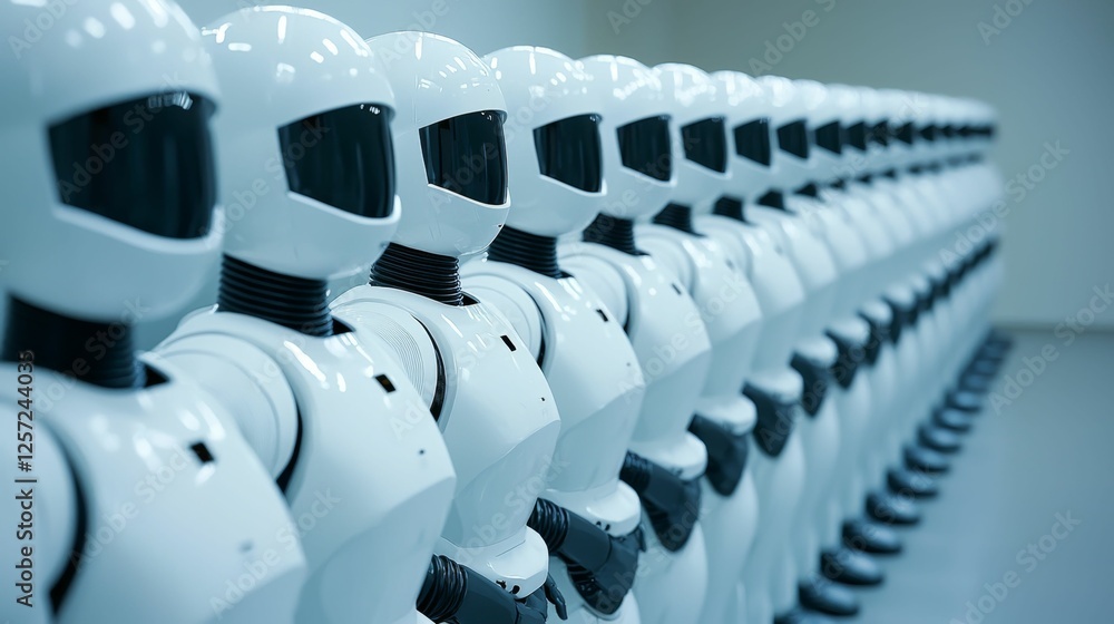 Array of Futuristic Humanoid Robots in a Modern Facility for Robotics and Artificial Intelligence Research Array of Futuristic Humanoid Robots in a Modern Facility for Robotics and Artificial Intelligence Research