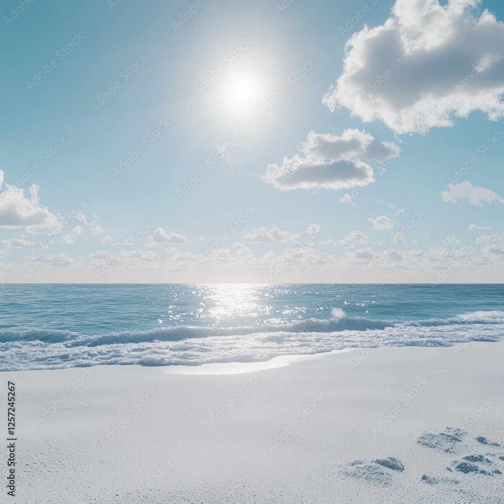 Sunny beach scene, calm waves, white sand, clear sky Sunny beach scene, calm waves, white sand, clear sky