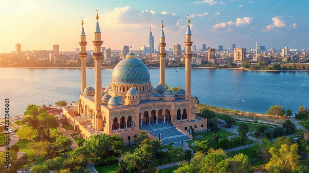 Naklejka premium Majestic mosque with blue dome and minarets overlooking a vibrant city skyline at sunset