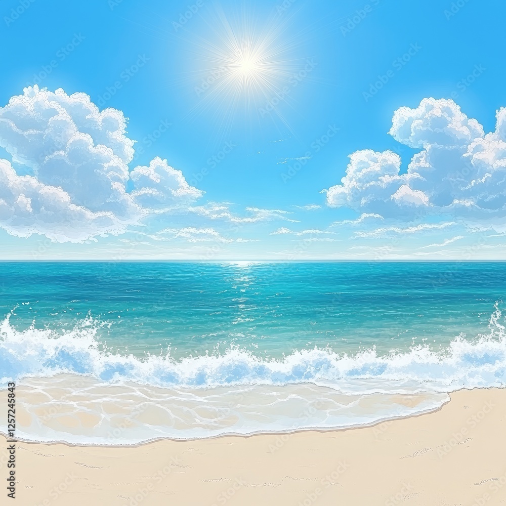 Fototapeta premium Sunny beach scene, ocean waves, blue sky, fluffy clouds