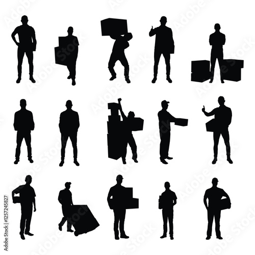 Collection of delivery man silhouette vector. Courier Service Silhouettes and Delivery man carrying boxes