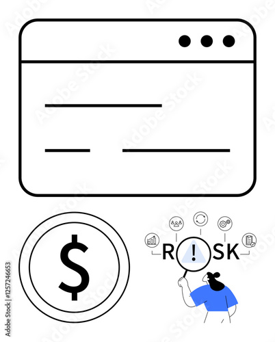 Browser window with text lines, dollar coin, person examining risk with magnifier, icons. Ideal for financial risk, business management, cautionary measures, decision-making, economics forecasting