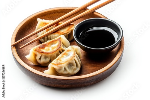 Crispy Gyoza Delight: Three golden-brown gyoza dumplings are arranged on a rustic wooden plate, served with a dipping sauce and chopsticks. Their crispy exteriors beckon with savory aromas.