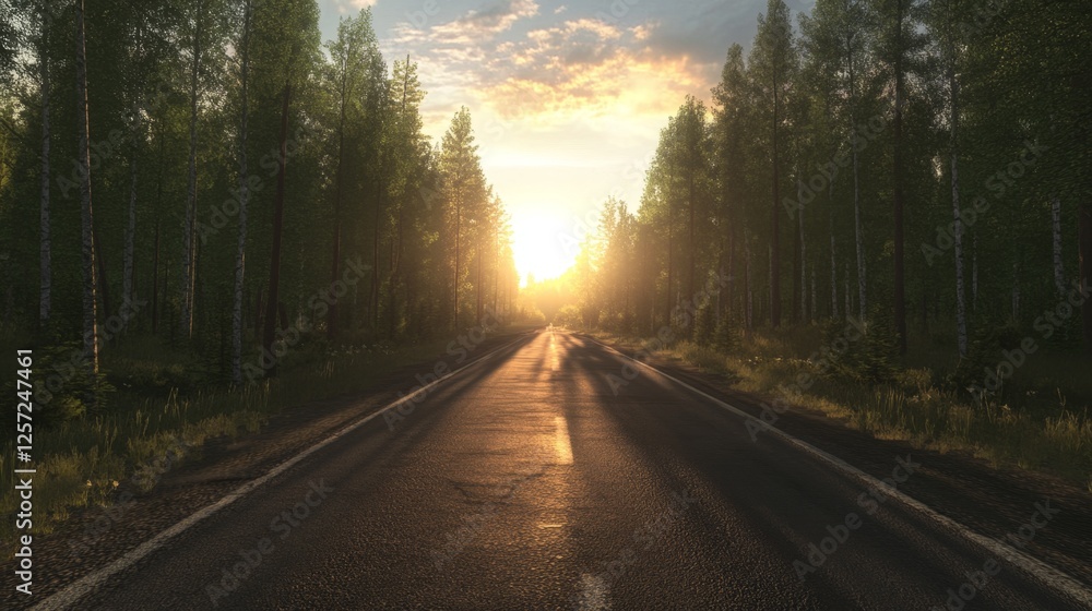 Fototapeta premium Serene Long Stretch of Road Surrounded by Lush Trees at Sunrise