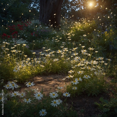 A storybook garden with white wildflowers and tiny glowing fireflies.