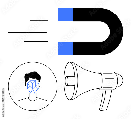 Magnet with motion lines, facial recognition inside a human silhouette, and a megaphone. Ideal for digital marketing, AI, targeting, advertising, communication, engagement abstract line flat