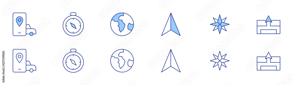 Navigation icon set in two styles, Duotone and Thin Line style. Editable stroke. application, compass, globe, arrow, gps Navigation icon set in two styles, Duotone and Thin Line style. Editable stroke. application, compass, globe, arrow, gps