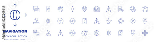 Navigation icons collection. Thin Line icons, editable stroke. arrow, directions, around the world, compass, global, location, navigation, position, street map, smartphone, wristwatch